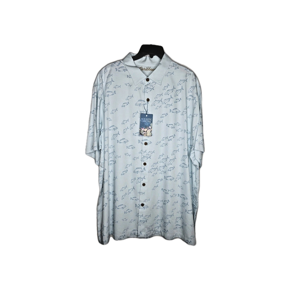 Caribbean Roundtree Yorke Mens 2XL Light Blue Fish Ocean Shirt Button Down Short